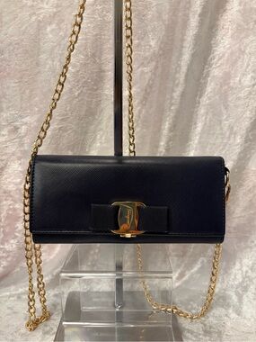 Salvatore Ferragamo Vara Bow Saffiano Leather Continental Wallet Navy Blue Auth